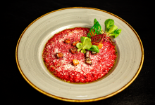 Beetroot Risotto with Carrot Croutons and Parmesan (V) (GF)